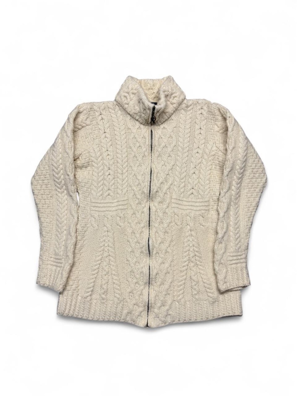 Aran woolen mills 100% merino wool cable knit full zip cardigan sweater L womens